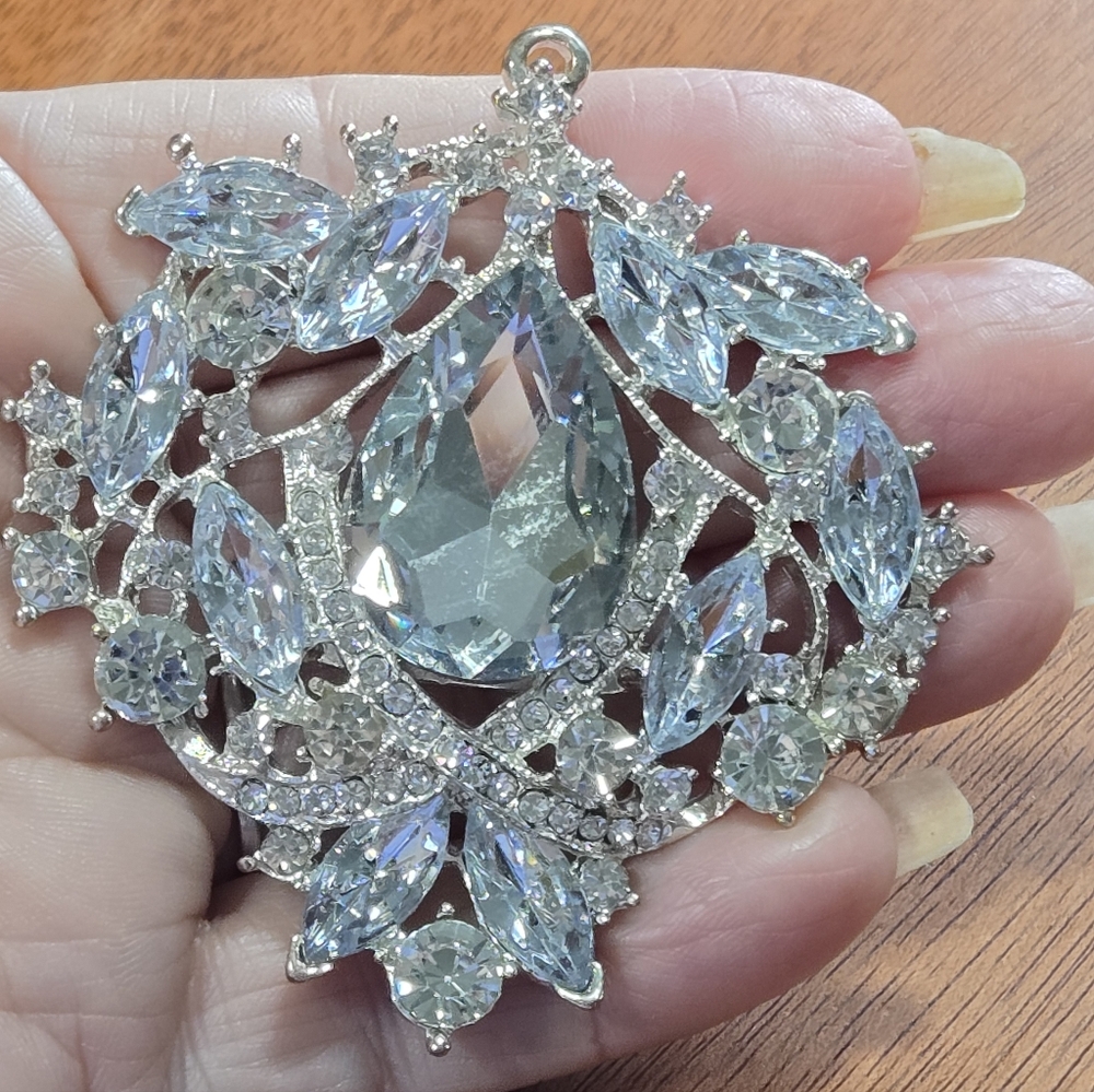 Crystal Teardrop Statement Pendant Broach Pin - Clear Silver Tone